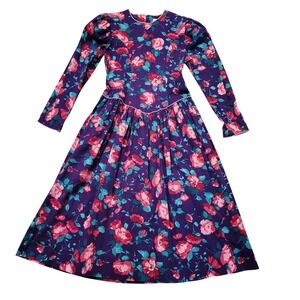 Vintage 8 Midi Dress Purple Dark Floral Puff Sleeve Moody Cottage Prairie USA
